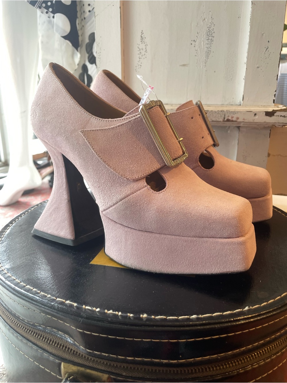 John Fluevog “Mega Munster” pink suede platform Mary Janes.